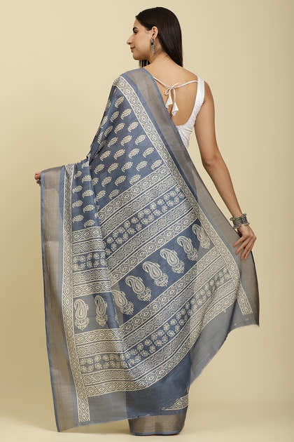 Blue Color Cotton Silk Boota Printed And Zari Woven Saree