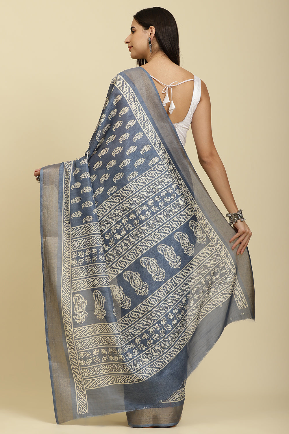 Blue Color Cotton Silk Boota Printed And Zari Woven Saree
