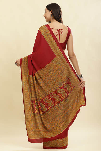 Maroon Crepe Printed Saree
