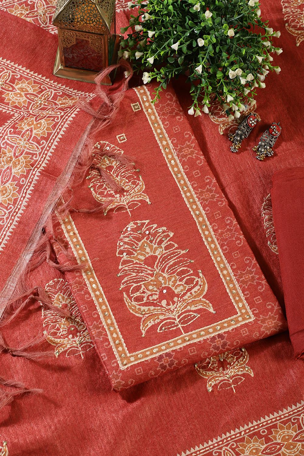 Rust Tussar Silk Printed Unstitched Suit Material