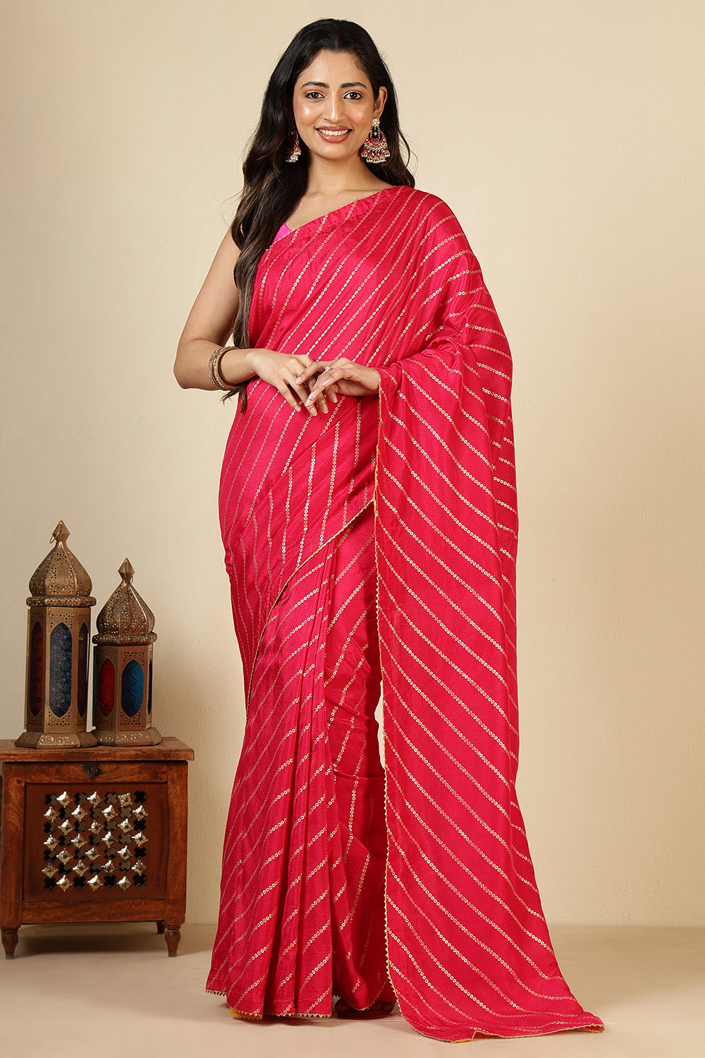 Red Modal Silk Saree with Zari Pinstripes