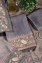 Grey Tussar Cotton Floral Lace Work Unstiched Suit Material