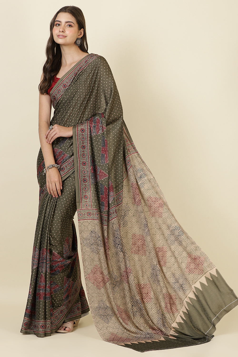 Sage Green Jacquard Silk Printed Saree