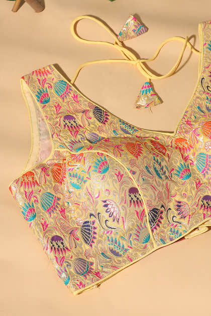 Light Mustard Brocade Sik Resham And Zari Woven Readymade Blouse