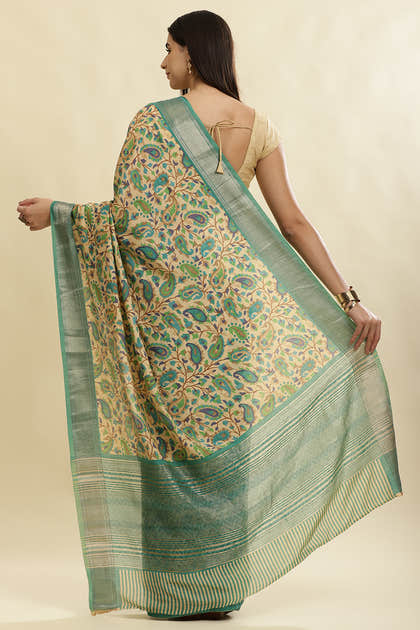 Sea Green & Beige Cotton Silk Floral Boota Printed Saree
