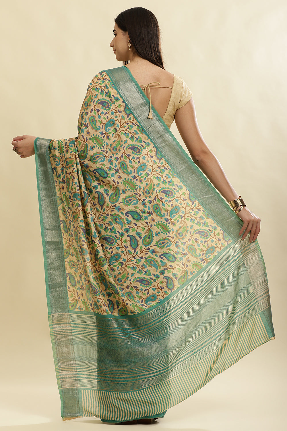 Sea Green & Beige Cotton Silk Floral Boota Printed Saree