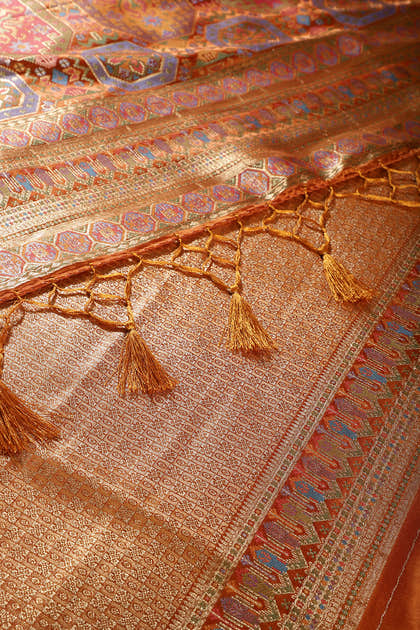 Mustard Baluchari Silk Meenakari Woven Saree