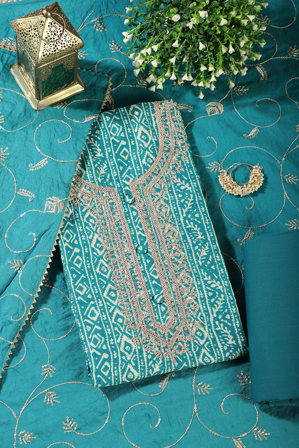 Teal Blue Cotton Digital Printed & Neck Embroidered Unstitched Suit