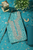 Teal Blue Cotton Digital Printed & Neck Embroidered Unstitched Suit