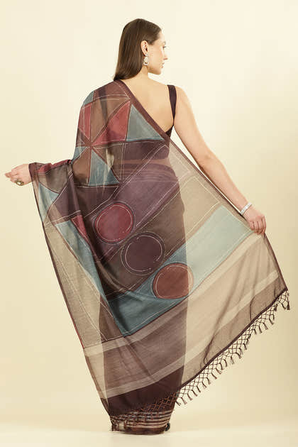 Brown Organza Cotton Printed Saree