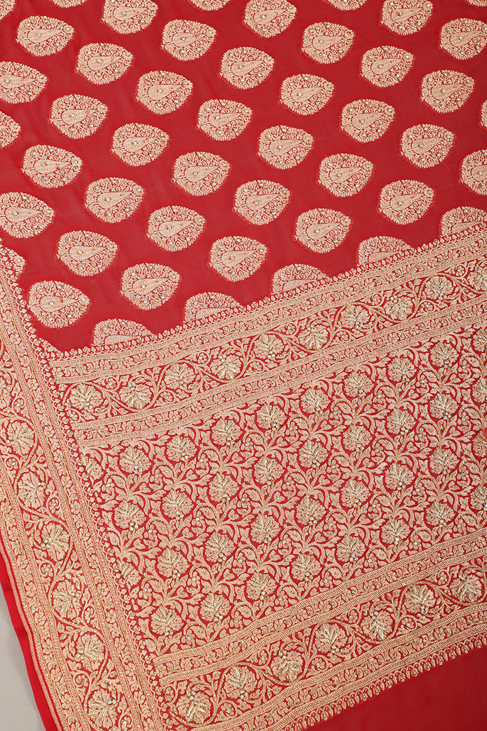 Red Pure Khaddi Georgette Banarasi Saree with Zardozi Handwork