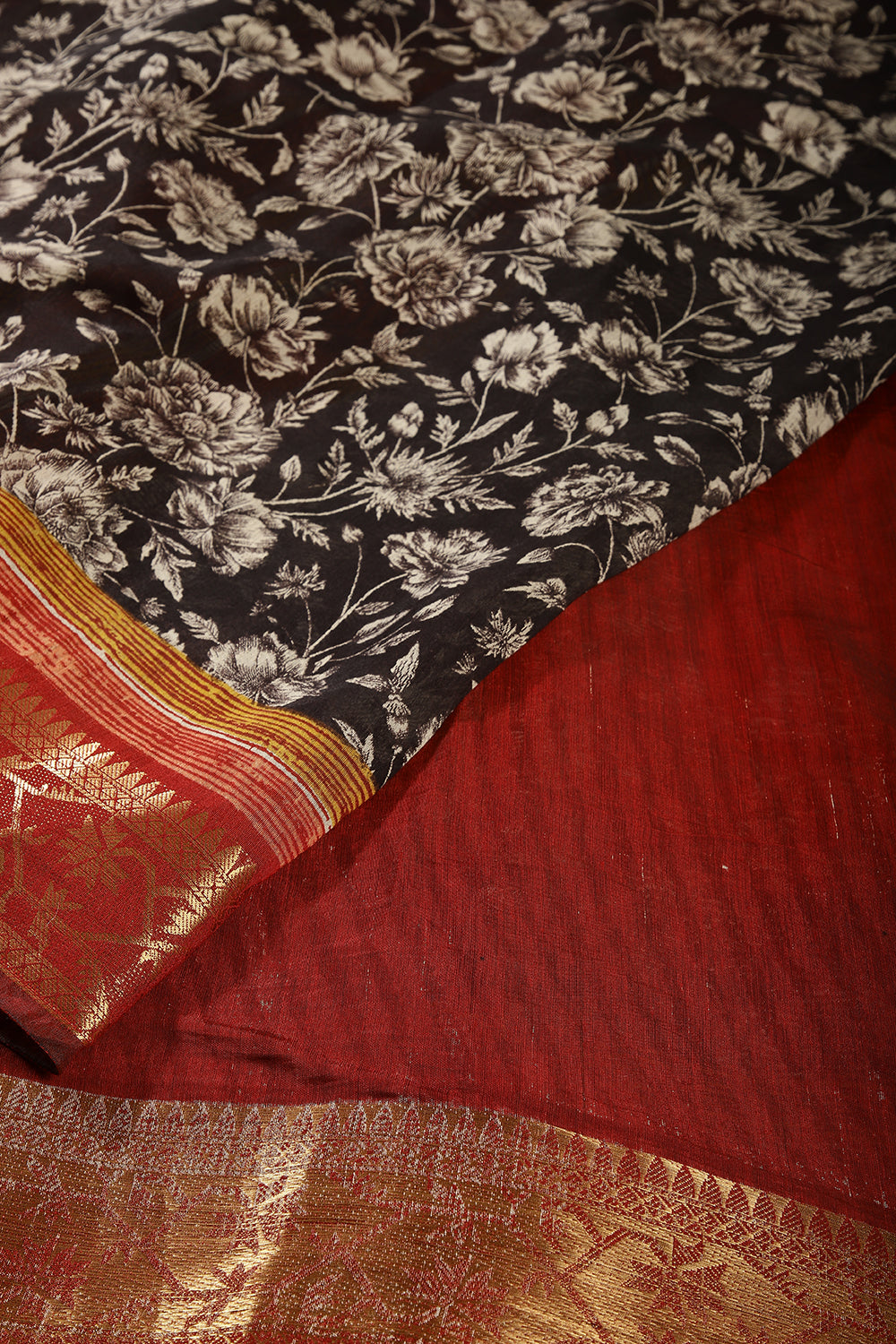 Black Color Printed Cotton Saree with Zari Border