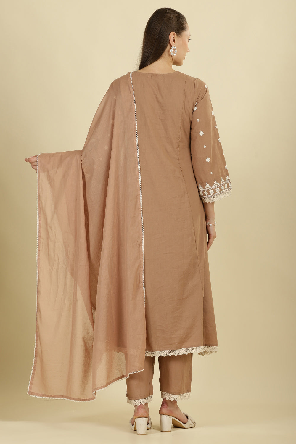 Light Brown Cotton Resham Floral Embroidered Anarkali Suit Set