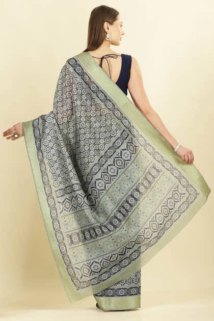 Navy Ajrakh Block Printed Cotton Saree