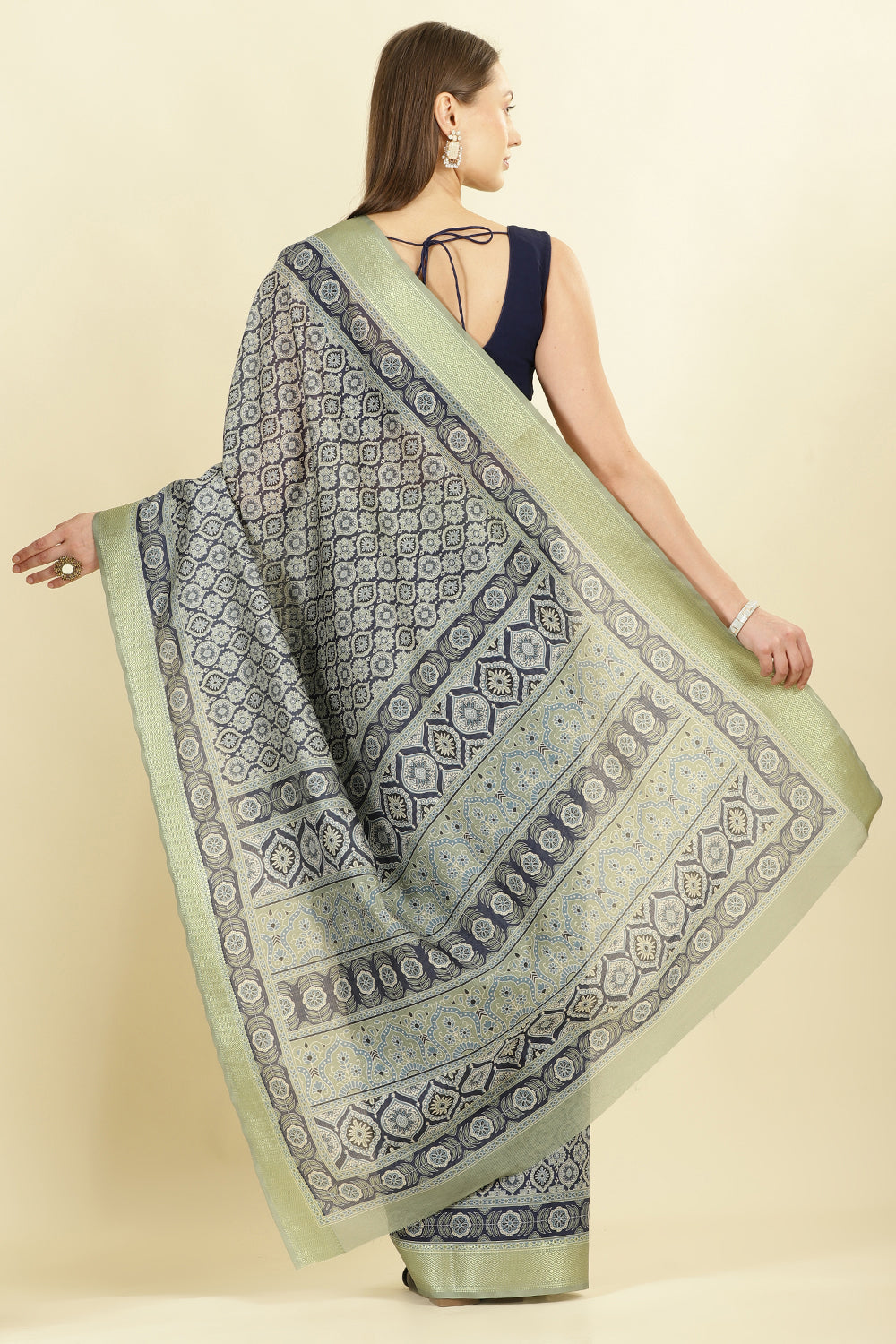 Navy Ajrakh Block Printed Cotton Saree
