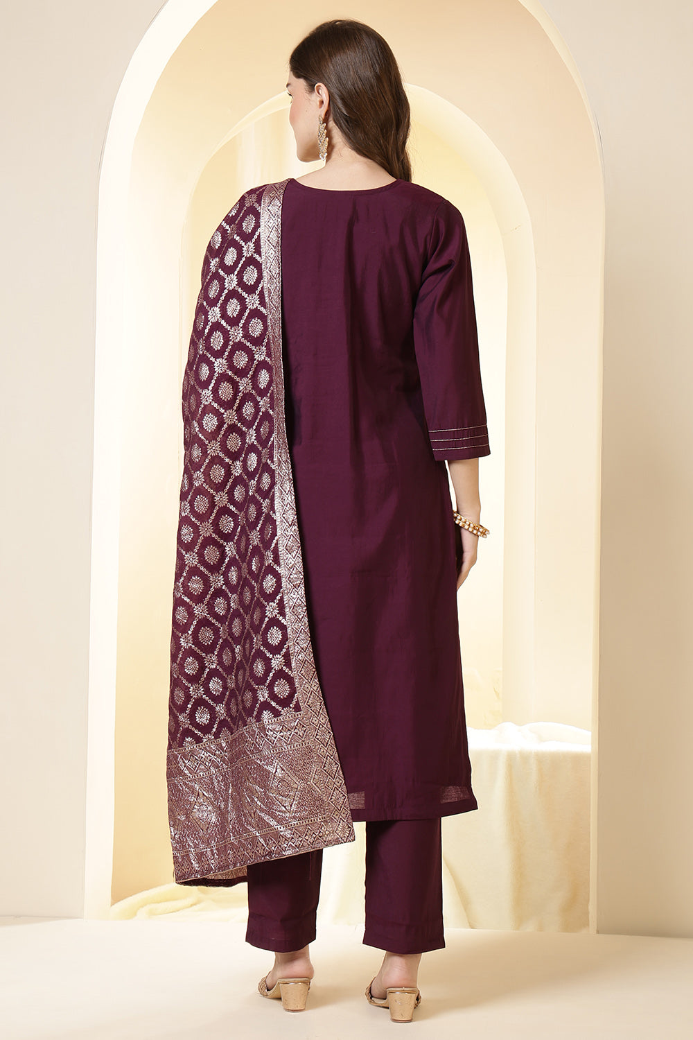 Wine Color Silk Neck Embroidered Suit Set