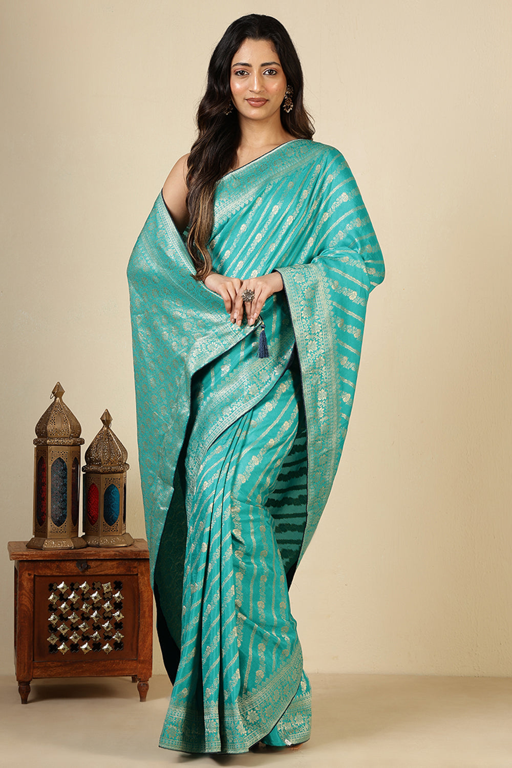 Firozi Color Banarasi Woven Tussar Silk Saree