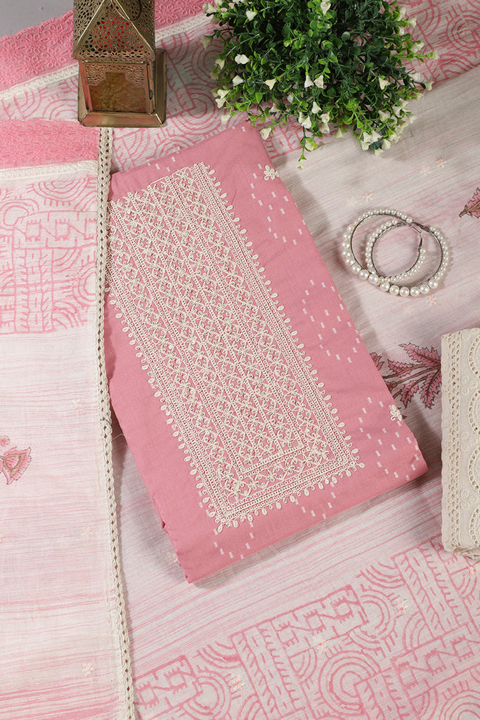 Pink Colour Cotton Printed & Resham Neck Embroidered Unstitched Suit