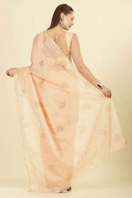 Light Peach Floral Resham Embroidered Cotton Saree
