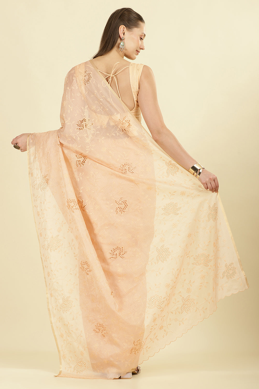 Light Peach Floral Resham Embroidered Cotton Saree