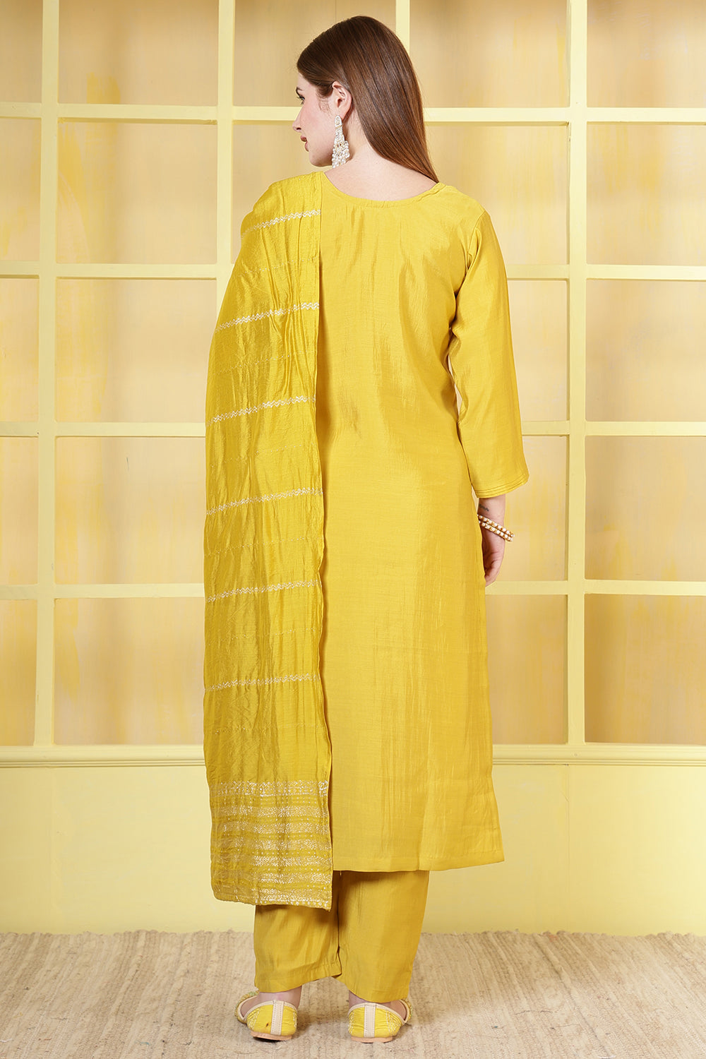 Mustard Silk Cut-Dana And Pearl Embroidered Suits