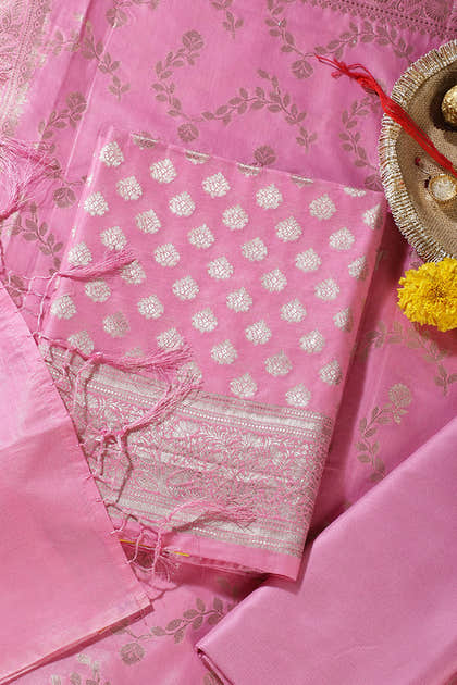 Pink Silk Zari Woven Unstitched Suit Fabric