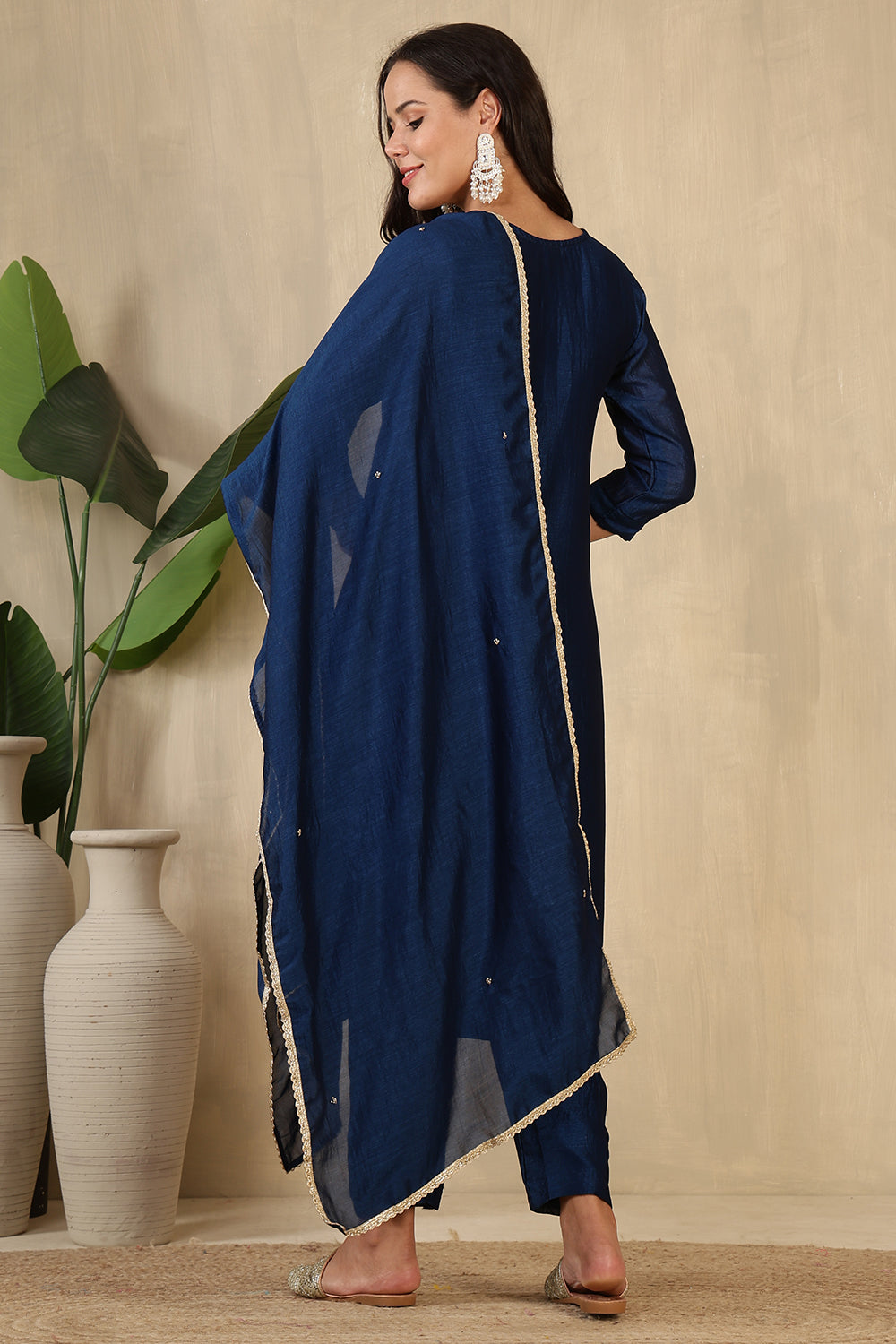 Navy Crepe Silk Neck Embroidered Suit
