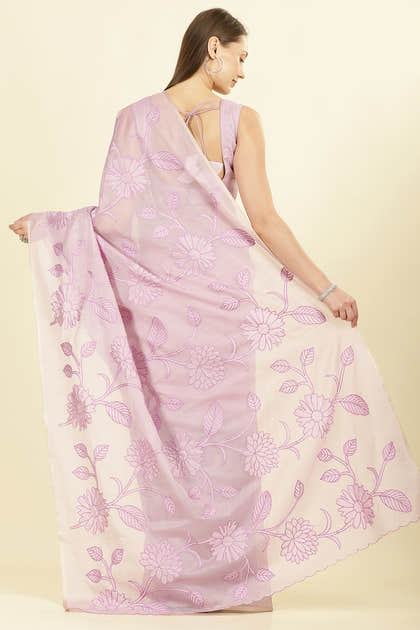 Lavender Cotton Floral Resham Embroidered Saree