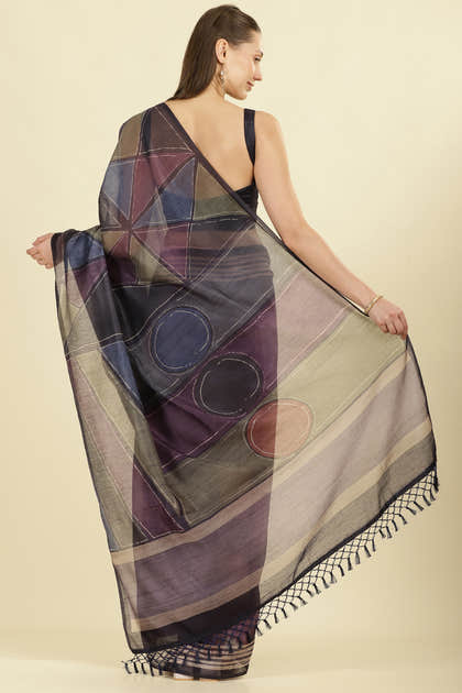Navy Organza Cotton Printed Saree