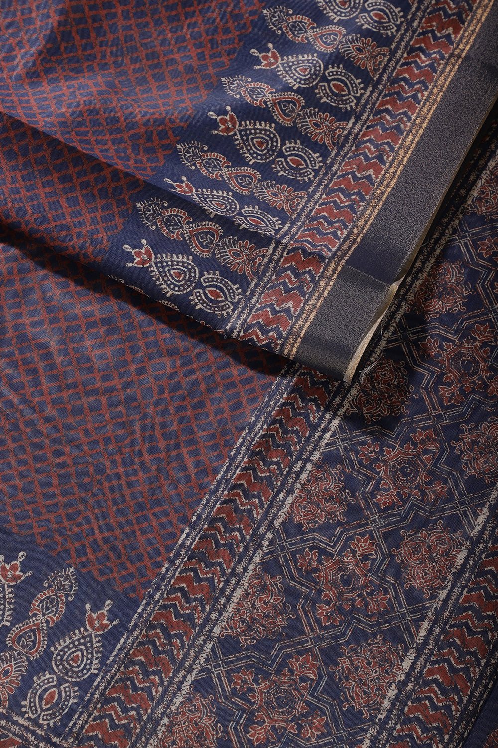 Blue & Rust Color Cotton Printed Saree