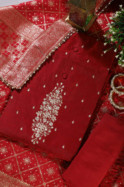 Maroon Chanderi Silk Gota-Patti Embroidered Unstitched Suit Fabric With Banarsi Woven Dupatta