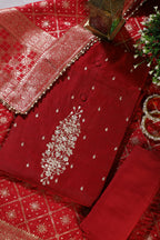 Maroon Chanderi Silk Gota-Patti Embroidered Unstitched Suit Fabric With Banarsi Woven Dupatta