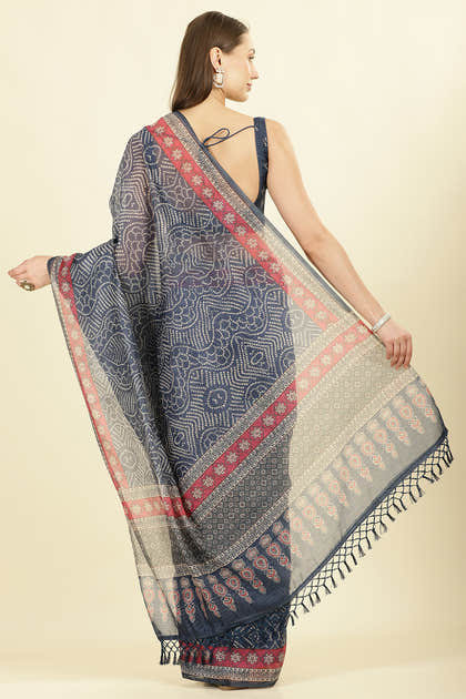 Navy Bandhani Printed Cotton Saree