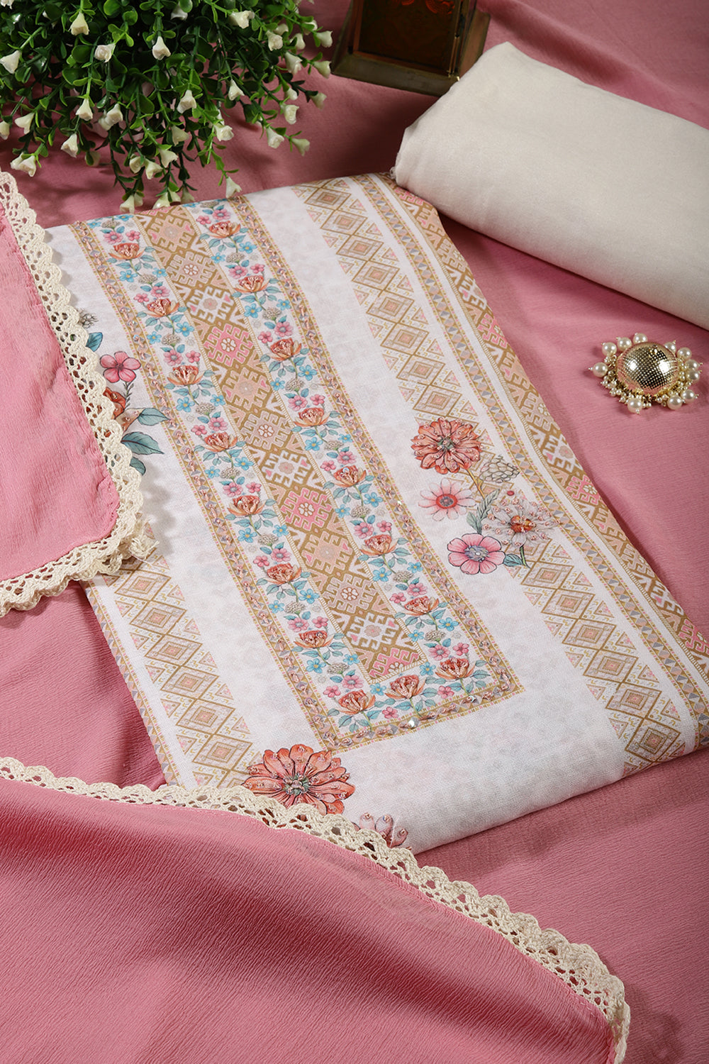 Cream Color Cotton Printed Unstitched Suit