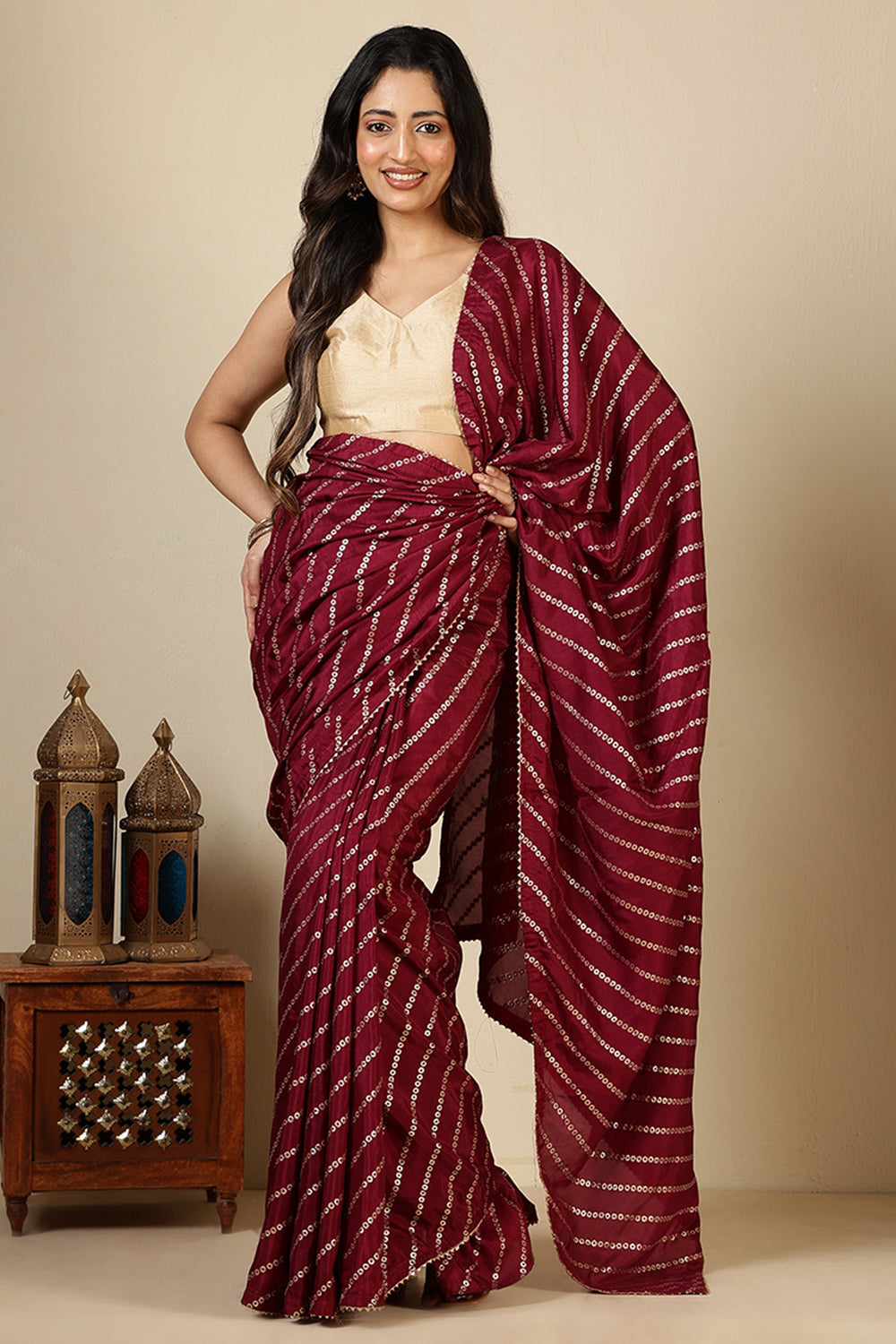 Wine Modal Silk Saree with Zari Pinstripes