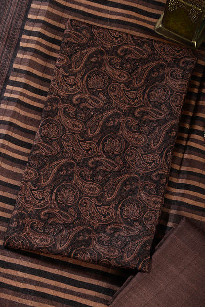 Brown & Black Digital Printed Chanderi Cotton Unstiched Suit Material