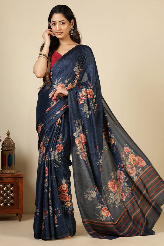 Navy Jacquard Silk Printed Saree