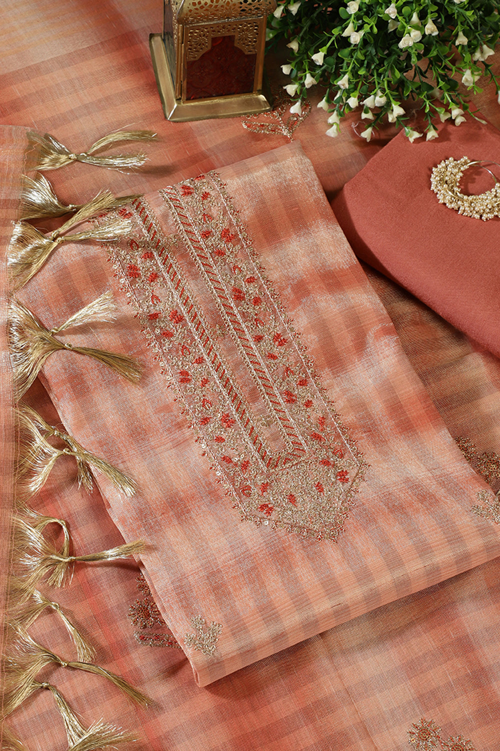 Peach Tissue Silk Zari And Resham Embroidered Unstitched Suit Material