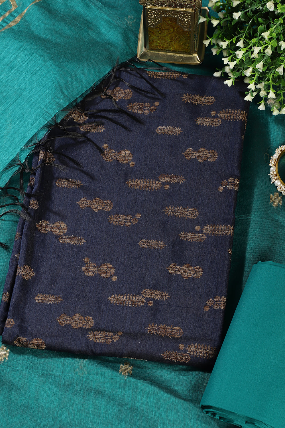 Navy Chanderi Silk Woven Unstitched Suit
