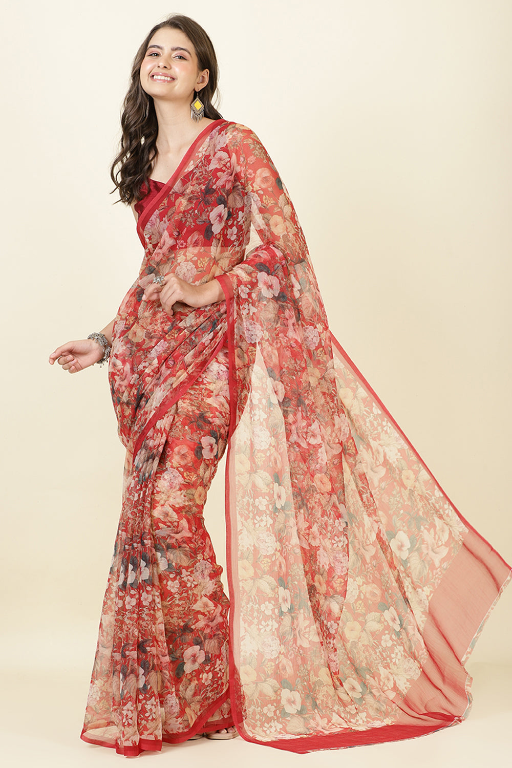 Red Floral Printed Chiffon Saree