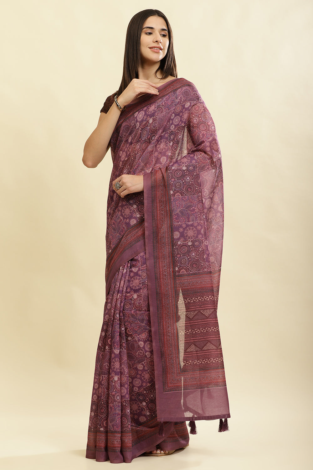 Dusky Purple Cotton Silk Printed Saree