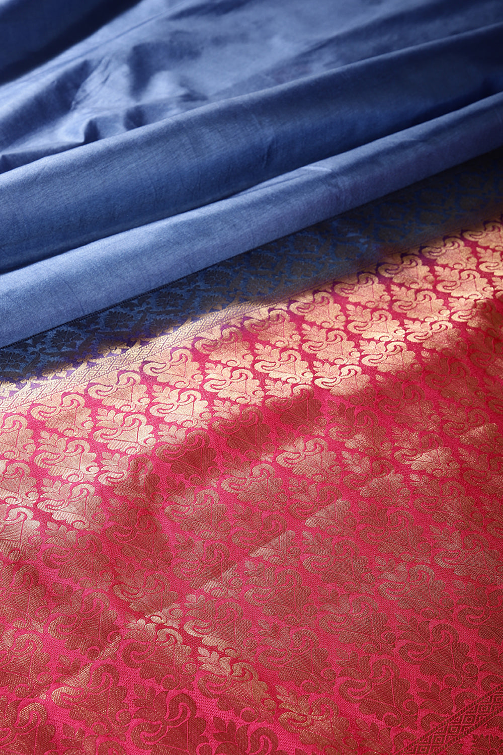 Dusky Blue & Red Ombré  Silk Zari Woven Saree