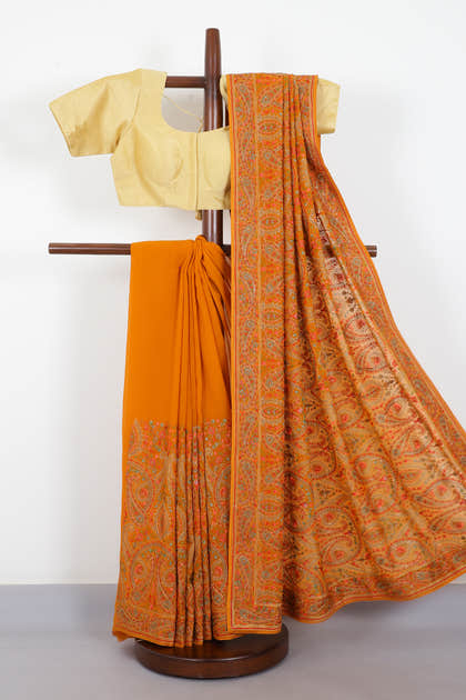 Mustard Georggette Resham Embroidered And Swaroski Work Saree