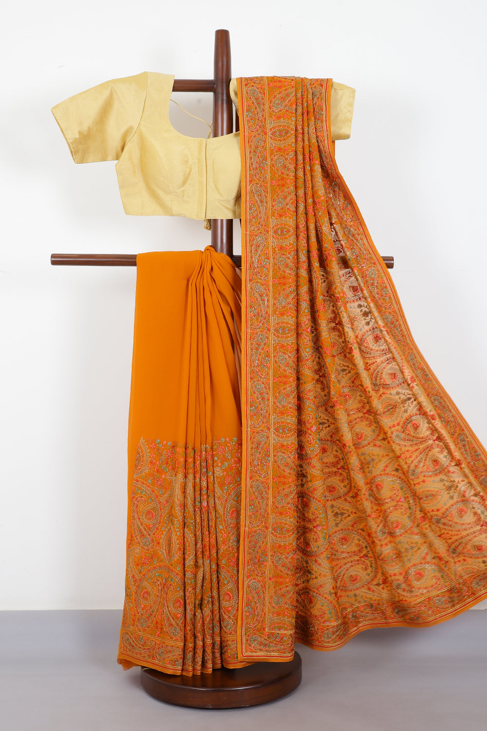 Mustard Georggette Resham Embroidered And Swaroski Work Saree