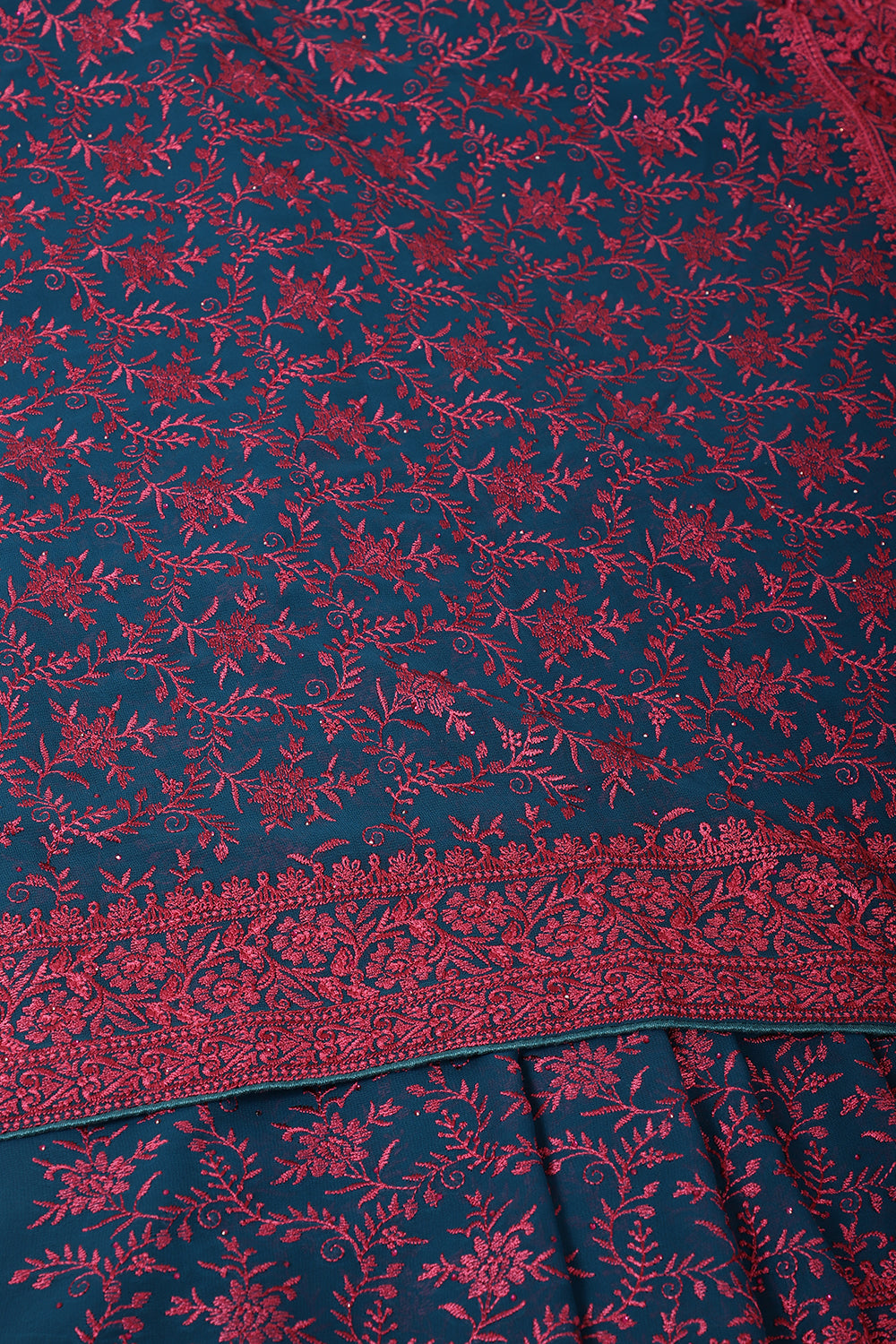 Nile Blue & Pink Georgette Resham Floral Jal Woven And Swarovski Work Saree