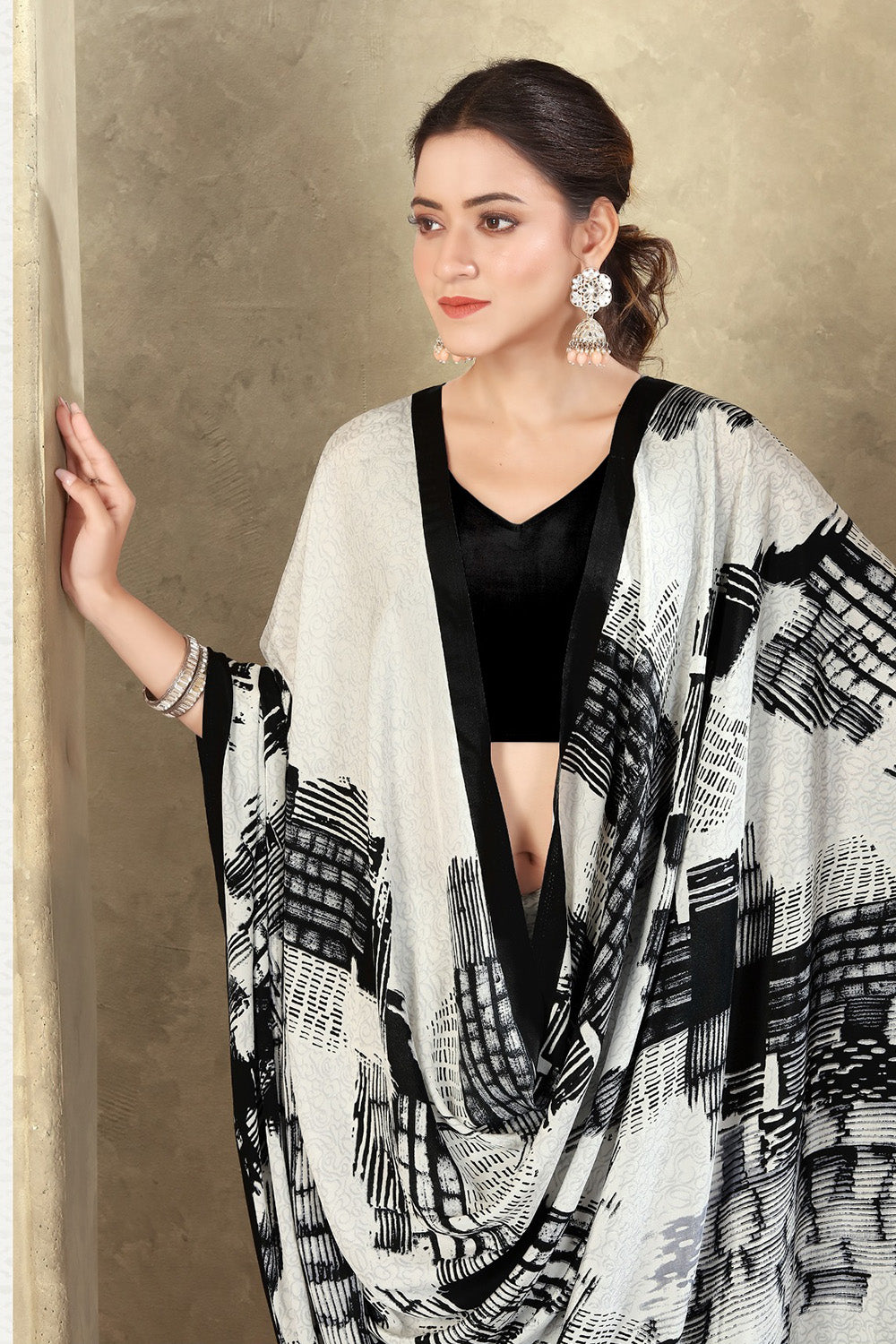 White Printed Crepe Silk Saree