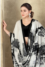 White Printed Crepe Silk Saree