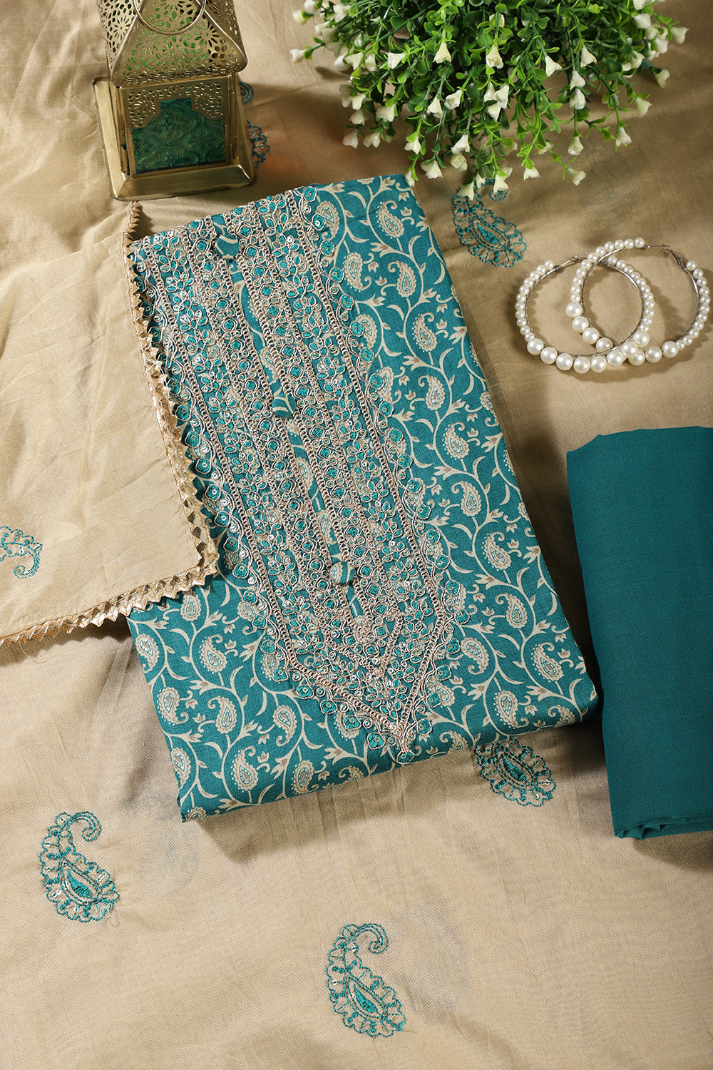 Teal Blue Cotton Digital Buta-Printed & Neck Embroidered Unstitched Suit