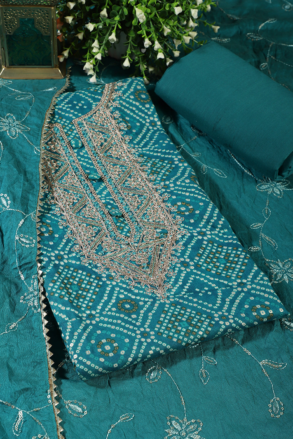 Teal Cotton Bandhani Printed And Neck Embroidered Unstitched Suit