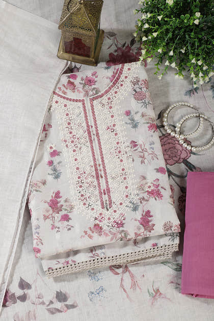 Cream & Pink Chanderi Cotton Floral Printed And Embroidered Unstitched Suit
